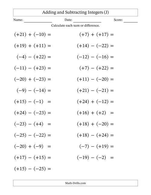 The Adding and Subtracting Mixed Integers from -25 to 25 (25 Questions; Large Print; All Parentheses) (J) Math Worksheet