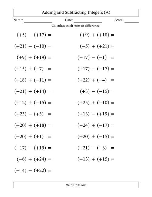 The Adding and Subtracting Mixed Integers from -25 to 25 (25 Questions; Large Print; All Parentheses) (All) Math Worksheet