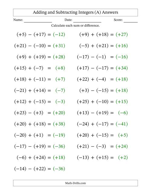 The Adding and Subtracting Mixed Integers from -25 to 25 (25 Questions; Large Print; All Parentheses) (All) Math Worksheet Page 2