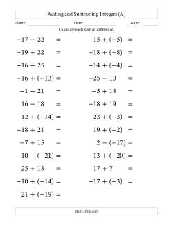Adding and Subtracting Mixed Integers from -25 to 25 (25 Questions; Large Print)
