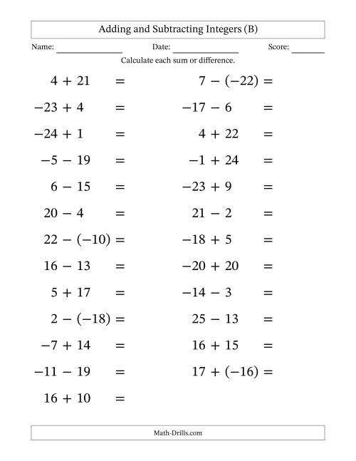 The Adding and Subtracting Mixed Integers from -25 to 25 (25 Questions; Large Print) (B) Math Worksheet