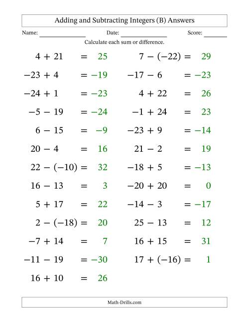 The Adding and Subtracting Mixed Integers from -25 to 25 (25 Questions; Large Print) (B) Math Worksheet Page 2