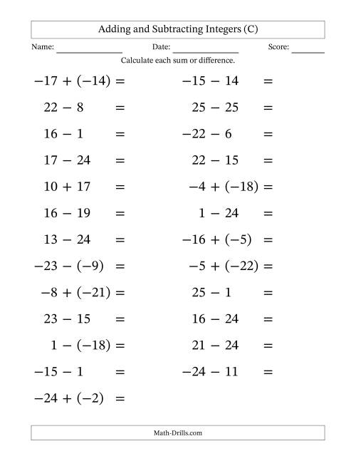 The Adding and Subtracting Mixed Integers from -25 to 25 (25 Questions; Large Print) (C) Math Worksheet