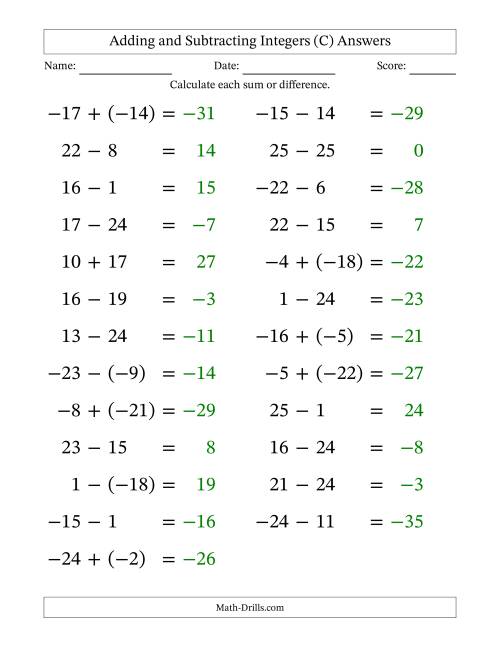 The Adding and Subtracting Mixed Integers from -25 to 25 (25 Questions; Large Print) (C) Math Worksheet Page 2