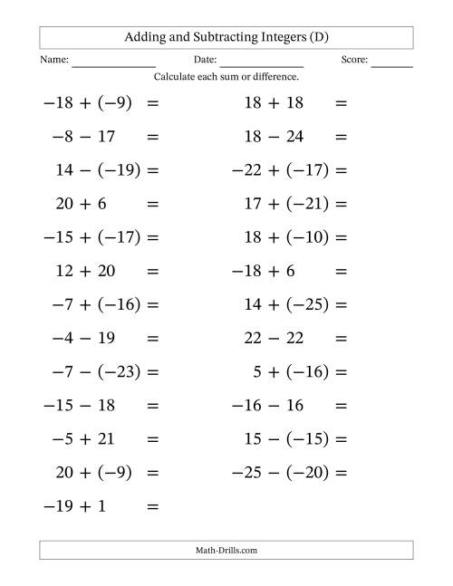 The Adding and Subtracting Mixed Integers from -25 to 25 (25 Questions; Large Print) (D) Math Worksheet