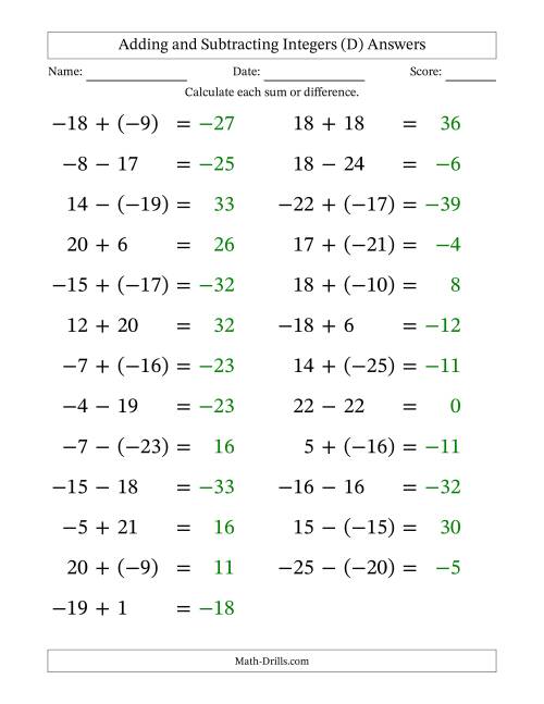 The Adding and Subtracting Mixed Integers from -25 to 25 (25 Questions; Large Print) (D) Math Worksheet Page 2