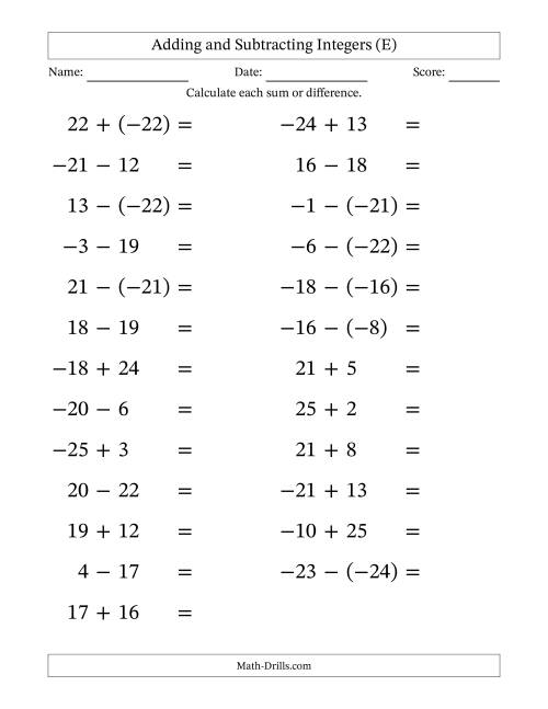 The Adding and Subtracting Mixed Integers from -25 to 25 (25 Questions; Large Print) (E) Math Worksheet
