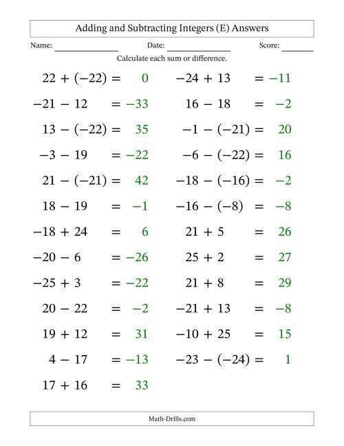 The Adding and Subtracting Mixed Integers from -25 to 25 (25 Questions; Large Print) (E) Math Worksheet Page 2