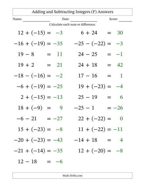 The Adding and Subtracting Mixed Integers from -25 to 25 (25 Questions; Large Print) (F) Math Worksheet Page 2