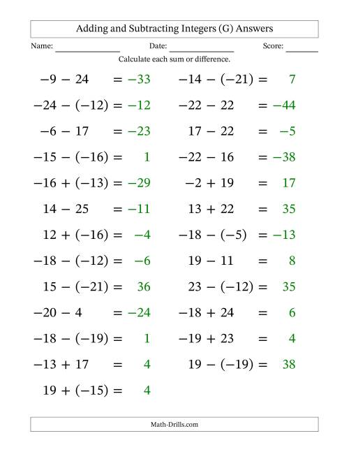 The Adding and Subtracting Mixed Integers from -25 to 25 (25 Questions; Large Print) (G) Math Worksheet Page 2