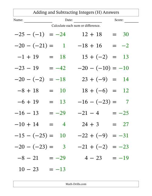 The Adding and Subtracting Mixed Integers from -25 to 25 (25 Questions; Large Print) (H) Math Worksheet Page 2