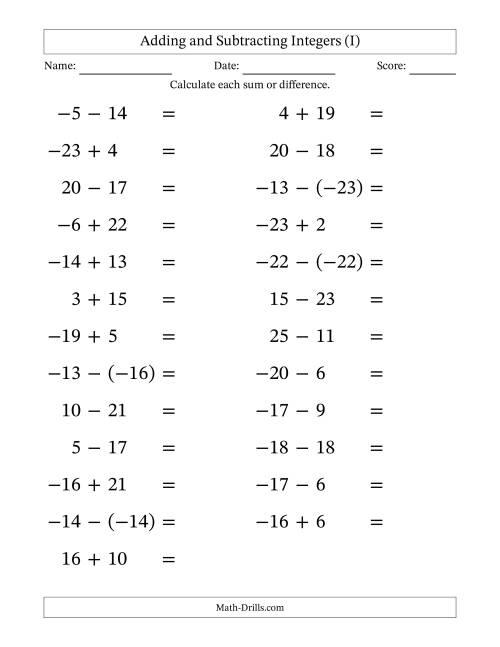 The Adding and Subtracting Mixed Integers from -25 to 25 (25 Questions; Large Print) (I) Math Worksheet