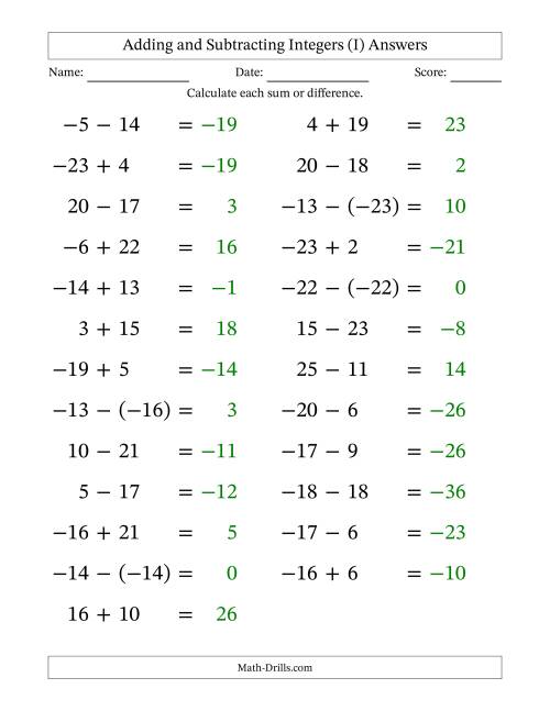 The Adding and Subtracting Mixed Integers from -25 to 25 (25 Questions; Large Print) (I) Math Worksheet Page 2