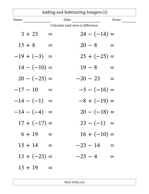 The Adding and Subtracting Mixed Integers from -25 to 25 (25 Questions; Large Print) (J) Math Worksheet
