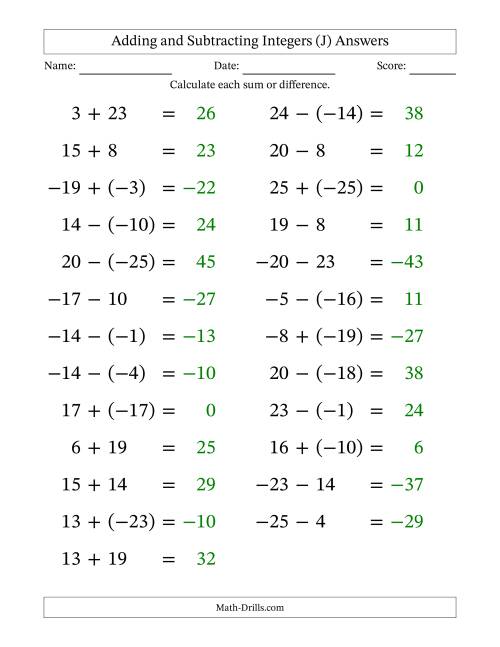 The Adding and Subtracting Mixed Integers from -25 to 25 (25 Questions; Large Print) (J) Math Worksheet Page 2