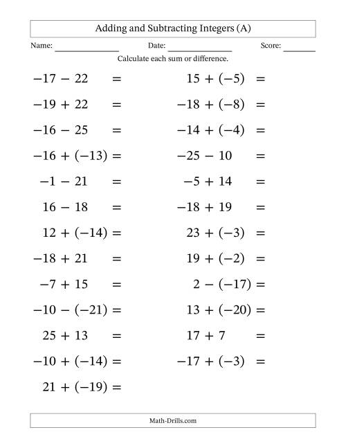 The Adding and Subtracting Mixed Integers from -25 to 25 (25 Questions; Large Print) (All) Math Worksheet