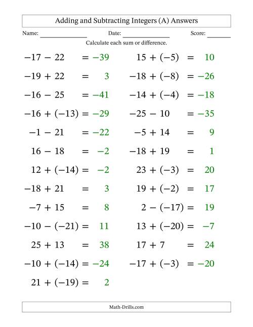 The Adding and Subtracting Mixed Integers from -25 to 25 (25 Questions; Large Print) (All) Math Worksheet Page 2