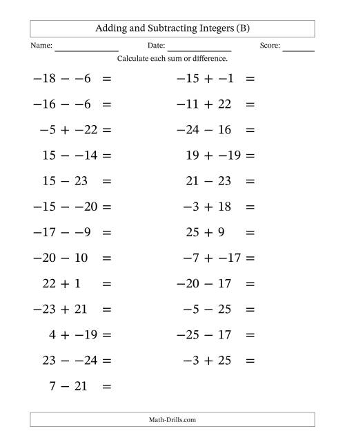 The Adding and Subtracting Mixed Integers from -25 to 25 (25 Questions; Large Print; No Parentheses) (B) Math Worksheet