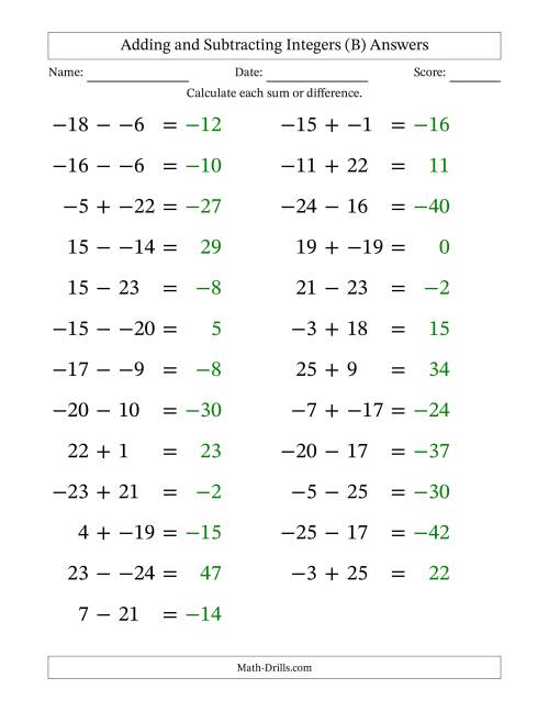 The Adding and Subtracting Mixed Integers from -25 to 25 (25 Questions; Large Print; No Parentheses) (B) Math Worksheet Page 2