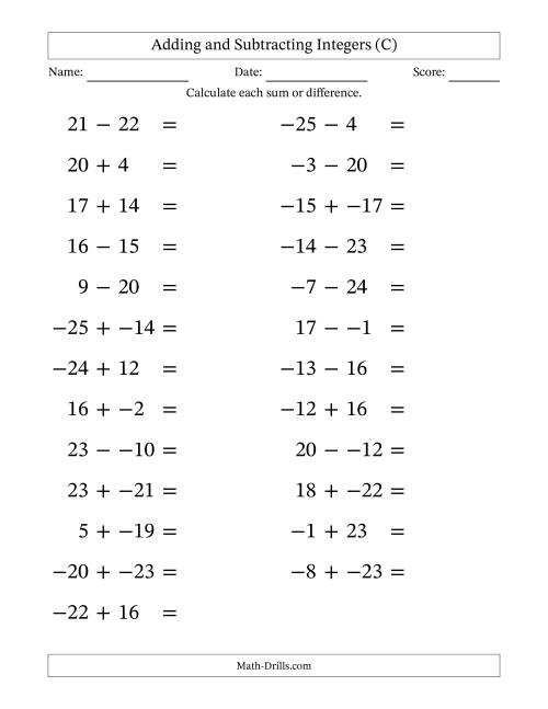 The Adding and Subtracting Mixed Integers from -25 to 25 (25 Questions; Large Print; No Parentheses) (C) Math Worksheet