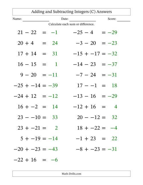 The Adding and Subtracting Mixed Integers from -25 to 25 (25 Questions; Large Print; No Parentheses) (C) Math Worksheet Page 2