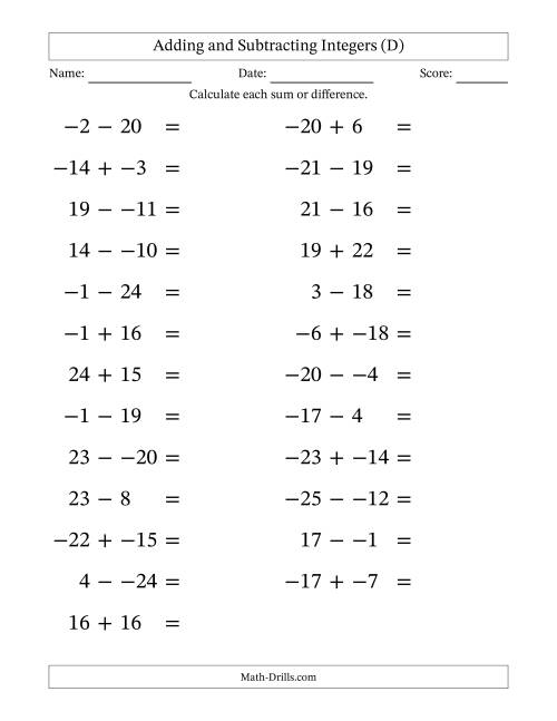 The Adding and Subtracting Mixed Integers from -25 to 25 (25 Questions; Large Print; No Parentheses) (D) Math Worksheet
