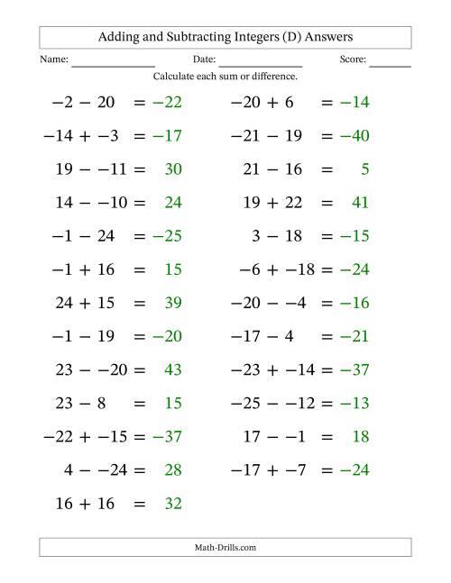 The Adding and Subtracting Mixed Integers from -25 to 25 (25 Questions; Large Print; No Parentheses) (D) Math Worksheet Page 2