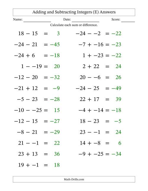 The Adding and Subtracting Mixed Integers from -25 to 25 (25 Questions; Large Print; No Parentheses) (E) Math Worksheet Page 2