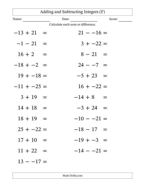 The Adding and Subtracting Mixed Integers from -25 to 25 (25 Questions; Large Print; No Parentheses) (F) Math Worksheet