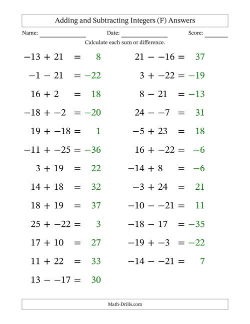 The Adding and Subtracting Mixed Integers from -25 to 25 (25 Questions; Large Print; No Parentheses) (F) Math Worksheet Page 2