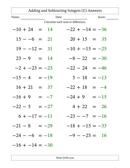 The Adding and Subtracting Mixed Integers from -25 to 25 (25 Questions; Large Print; No Parentheses) (G) Math Worksheet Page 2
