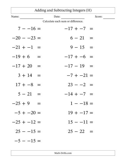 The Adding and Subtracting Mixed Integers from -25 to 25 (25 Questions; Large Print; No Parentheses) (H) Math Worksheet