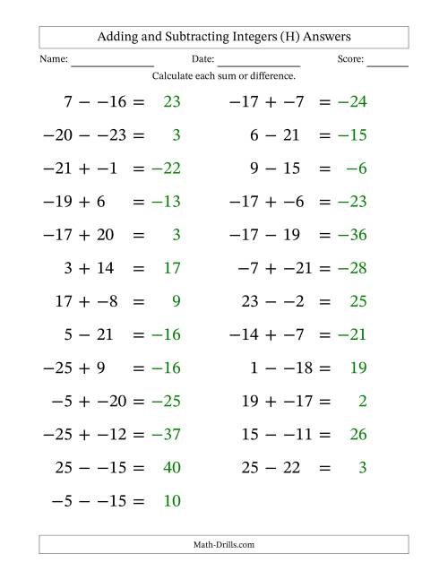 The Adding and Subtracting Mixed Integers from -25 to 25 (25 Questions; Large Print; No Parentheses) (H) Math Worksheet Page 2