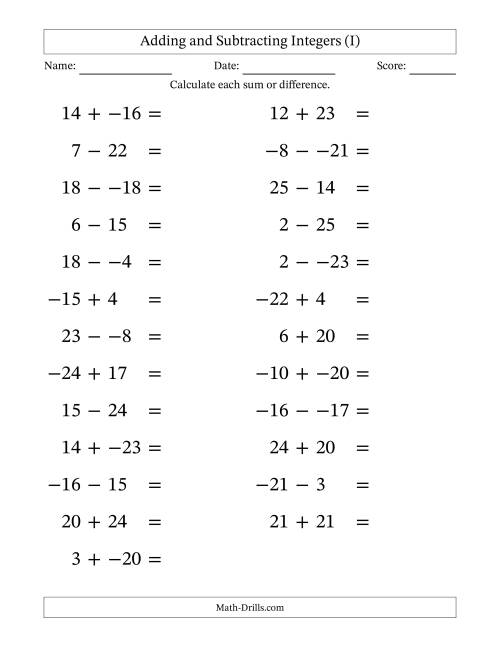 The Adding and Subtracting Mixed Integers from -25 to 25 (25 Questions; Large Print; No Parentheses) (I) Math Worksheet