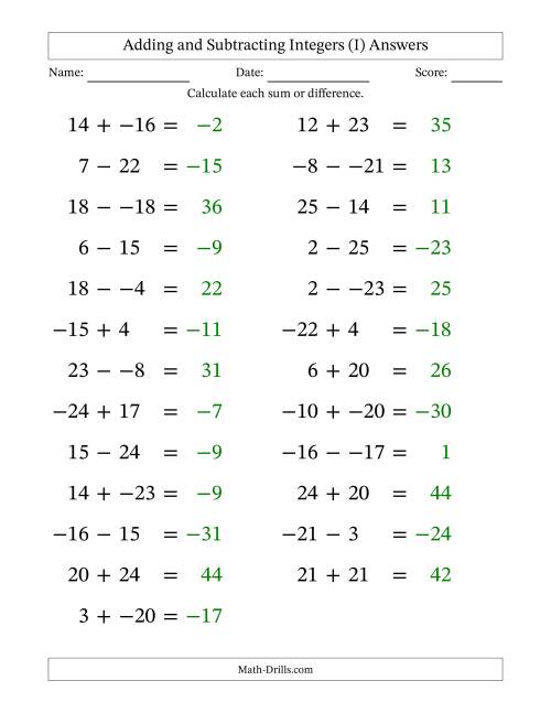 The Adding and Subtracting Mixed Integers from -25 to 25 (25 Questions; Large Print; No Parentheses) (I) Math Worksheet Page 2