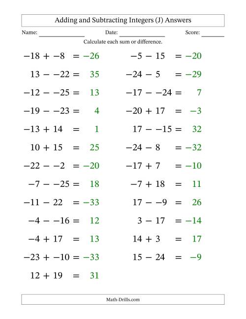 The Adding and Subtracting Mixed Integers from -25 to 25 (25 Questions; Large Print; No Parentheses) (J) Math Worksheet Page 2