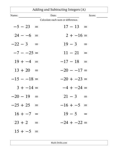The Adding and Subtracting Mixed Integers from -25 to 25 (25 Questions; Large Print; No Parentheses) (All) Math Worksheet