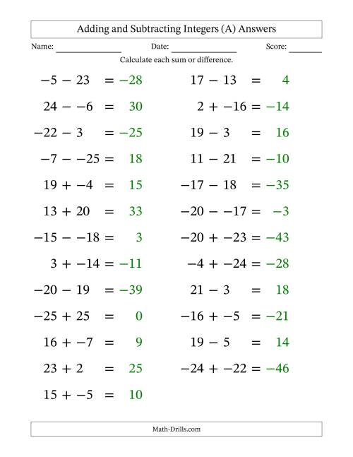 The Adding and Subtracting Mixed Integers from -25 to 25 (25 Questions; Large Print; No Parentheses) (All) Math Worksheet Page 2