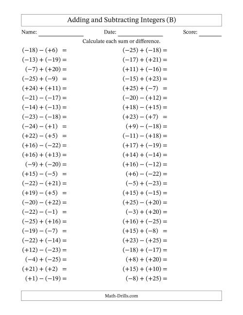 The Adding and Subtracting Mixed Integers from -25 to 25 (50 Questions; All Parentheses) (B) Math Worksheet