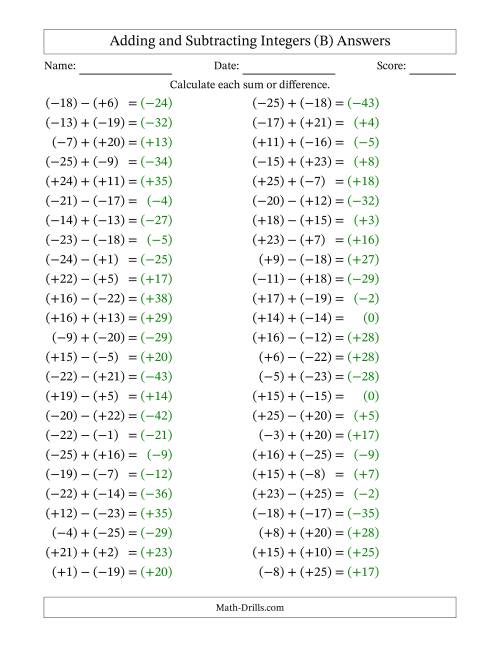 The Adding and Subtracting Mixed Integers from -25 to 25 (50 Questions; All Parentheses) (B) Math Worksheet Page 2