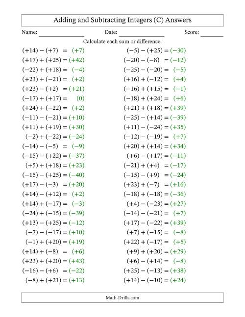 The Adding and Subtracting Mixed Integers from -25 to 25 (50 Questions; All Parentheses) (C) Math Worksheet Page 2