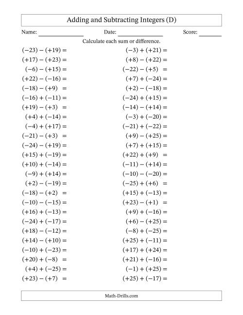 The Adding and Subtracting Mixed Integers from -25 to 25 (50 Questions; All Parentheses) (D) Math Worksheet