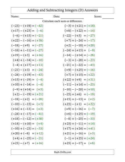 The Adding and Subtracting Mixed Integers from -25 to 25 (50 Questions; All Parentheses) (D) Math Worksheet Page 2
