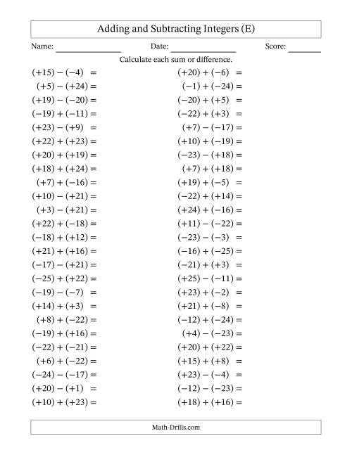 The Adding and Subtracting Mixed Integers from -25 to 25 (50 Questions; All Parentheses) (E) Math Worksheet