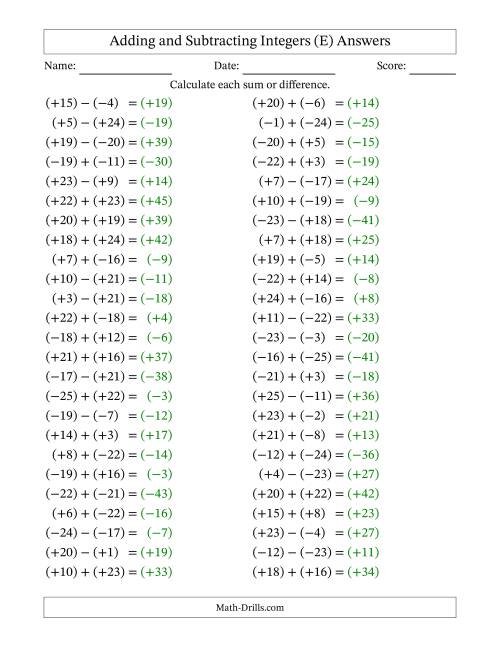 The Adding and Subtracting Mixed Integers from -25 to 25 (50 Questions; All Parentheses) (E) Math Worksheet Page 2