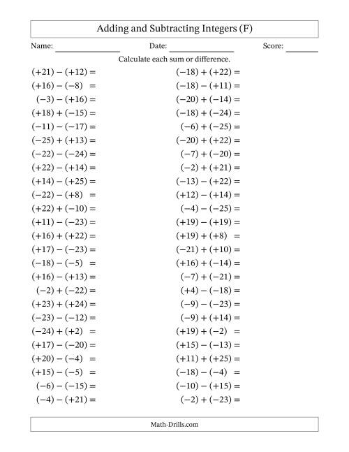 The Adding and Subtracting Mixed Integers from -25 to 25 (50 Questions; All Parentheses) (F) Math Worksheet