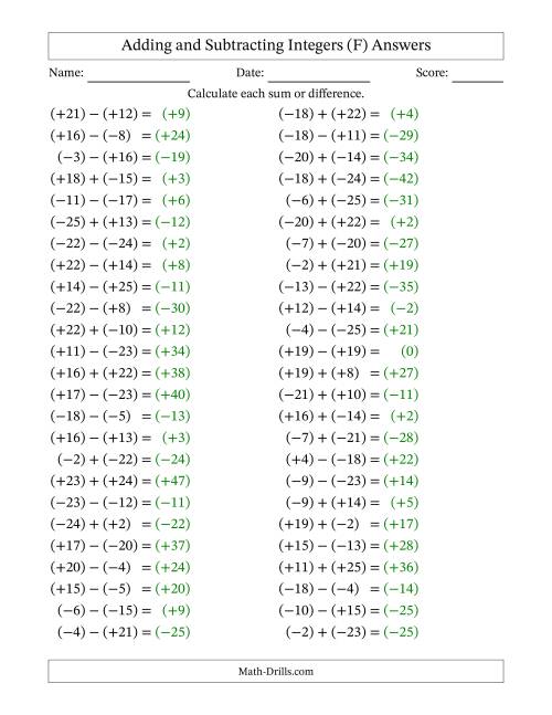 The Adding and Subtracting Mixed Integers from -25 to 25 (50 Questions; All Parentheses) (F) Math Worksheet Page 2