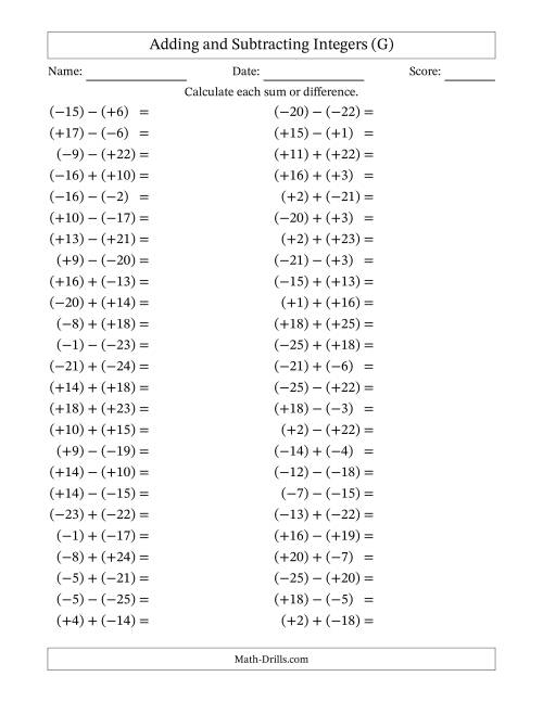 The Adding and Subtracting Mixed Integers from -25 to 25 (50 Questions; All Parentheses) (G) Math Worksheet