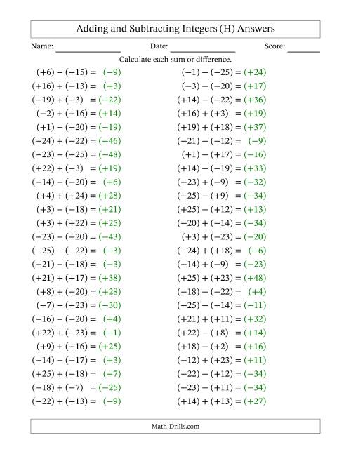 The Adding and Subtracting Mixed Integers from -25 to 25 (50 Questions; All Parentheses) (H) Math Worksheet Page 2