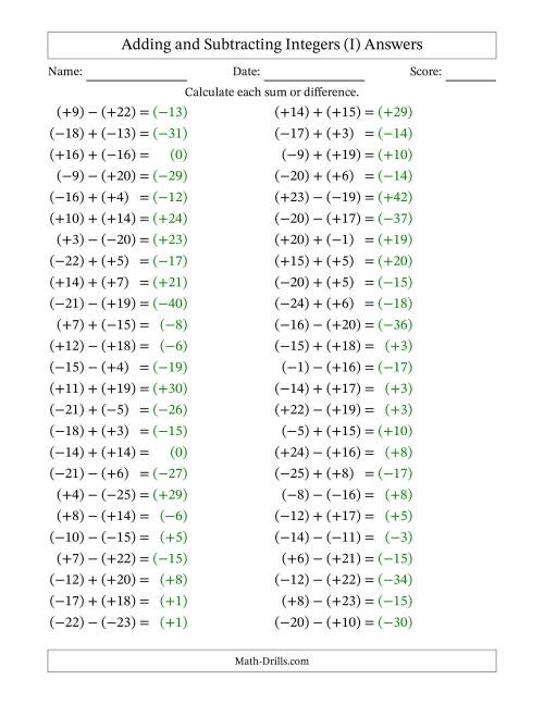 The Adding and Subtracting Mixed Integers from -25 to 25 (50 Questions; All Parentheses) (I) Math Worksheet Page 2